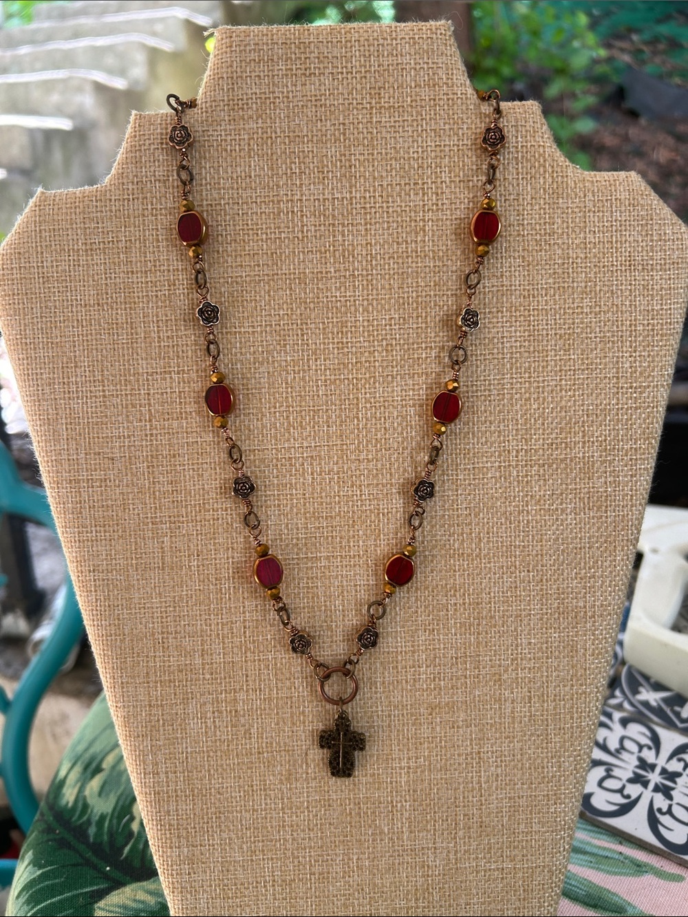Red Bead Cross Pendant Necklace